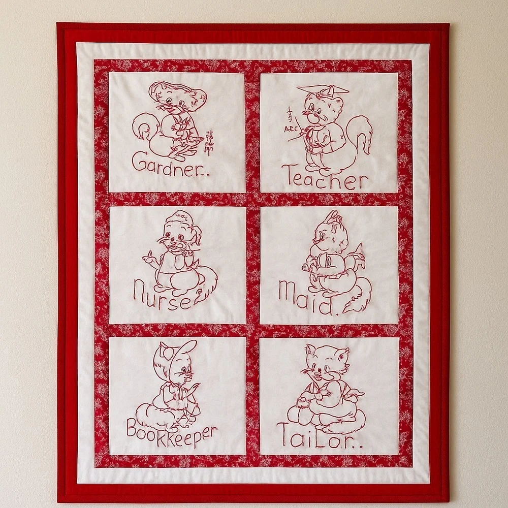 Hand-Embroidered Redwork Quilt – “Career Cats” Theme – 6 Panels